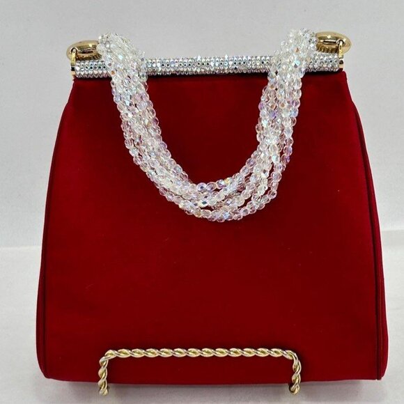 Judith Leiber Vintage Red Satin Evening Bag w/ Crystal Beaded Handle - Picture 6 of 6